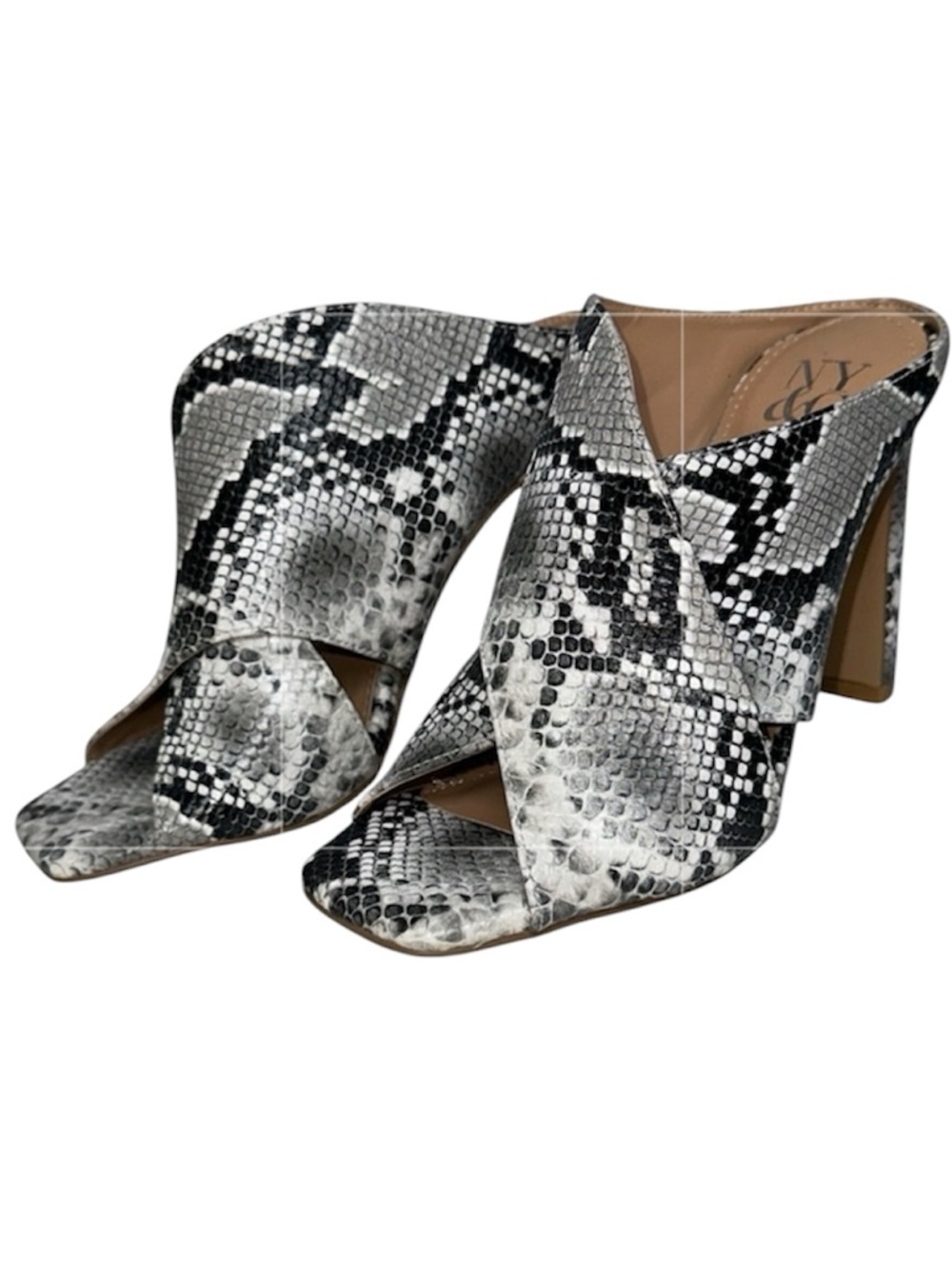 NY&C Snake Print Mule Heels Square Toe Open Toe Crossover Vamp Sandal Size 6